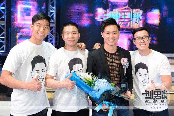 2nd runner up #5 Steven Ho with his friends from back home - Montreal. They all wear the T shirt with Steven's icon on it, cheering for him and celebrating his success.